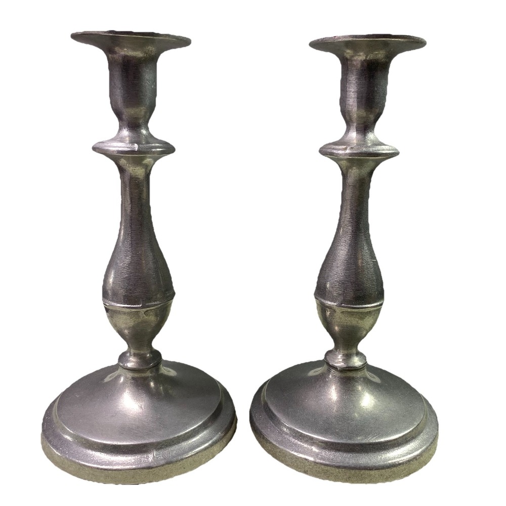 Wilton Armetale RW Pewter Pair of 2 Candlestick‎ Holders 9" Tall 5" W Base EUC